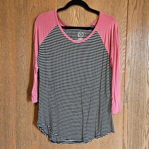 Women's Maurices size L 3/4 sleeve top. Pink and with black and white stripes.